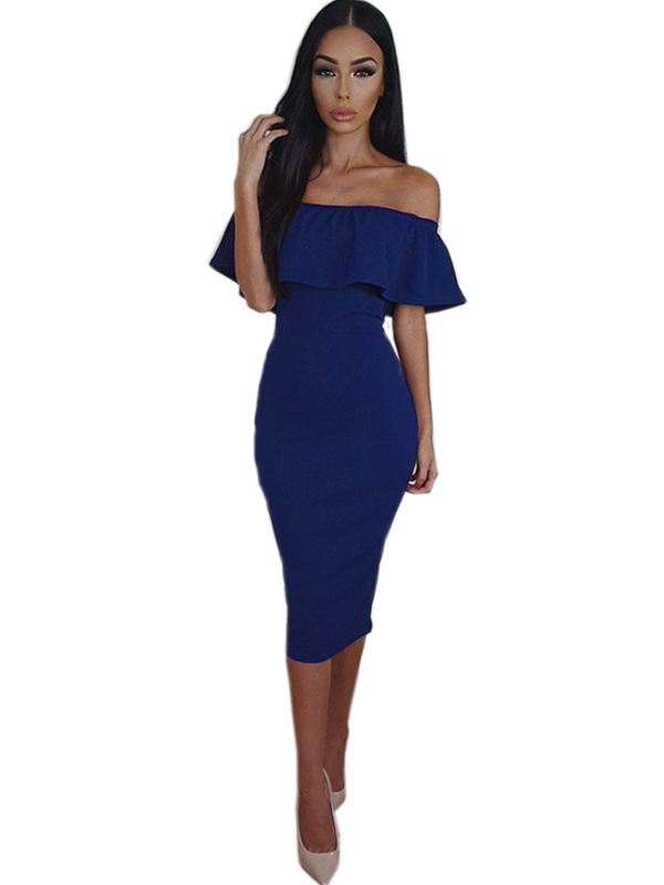 Blue Women Off Shoulder Midi Dress