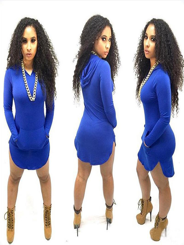 BlueLong Sleeve Hooded Collar Dress