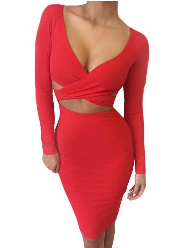 Deep V Long Sleeve Midi Dress