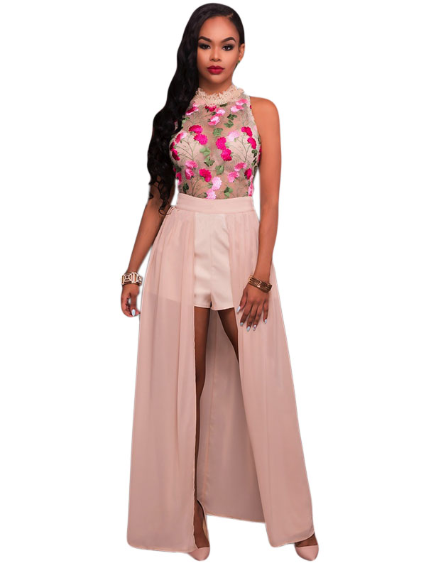 Embroidery Pink Sleeveless Jumpsuit