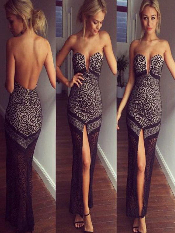 Fashion Lace Sleeveless V-Neck Padded Backless Sexy Party Dress