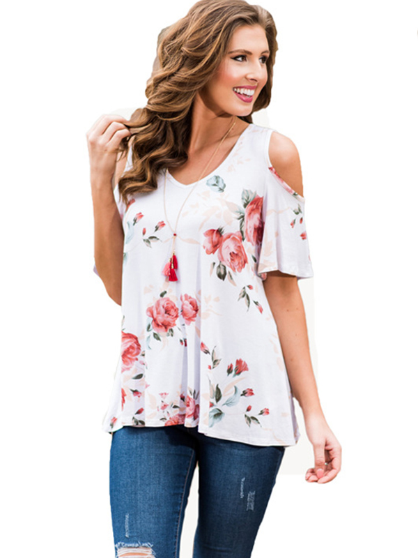 Flower Print Bare Shoulder Sleeve Loose Top