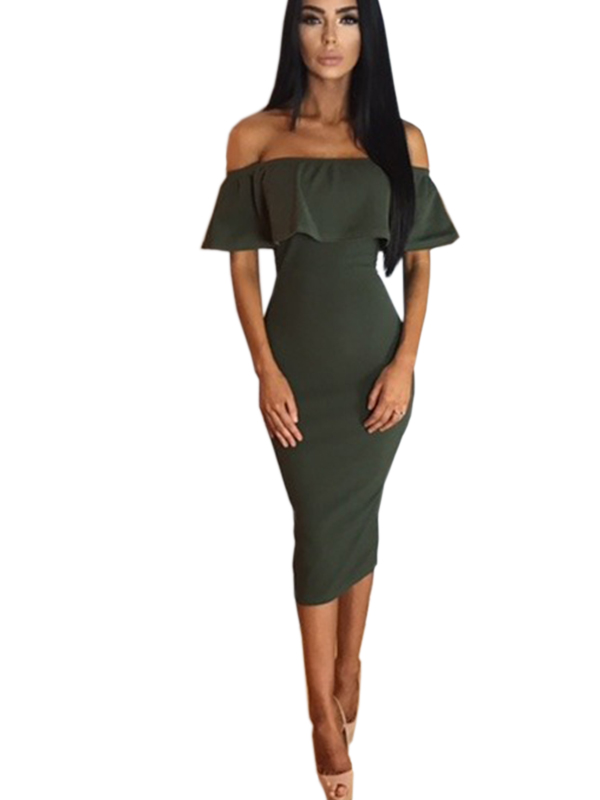 Green Women Off Shoulder Midi Dress