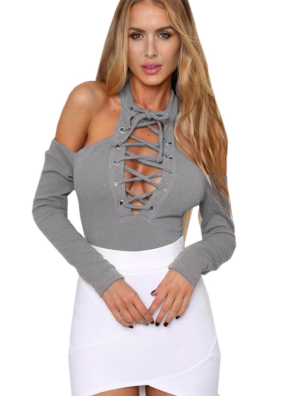 Grey Women Hollow Out Shoulder Bodysuit