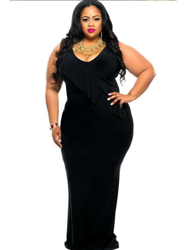 L-3XL Black Cascading Ruffle Reversible Tank Maxi Dress