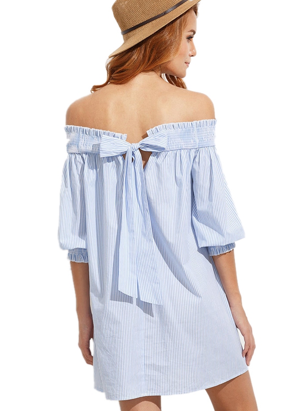Light Blue Woman Sexy Off Shoulder Casual Dresses
