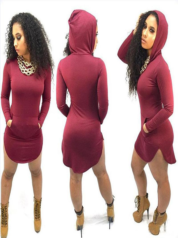 Red Long Sleeve Hooded Collar Dress