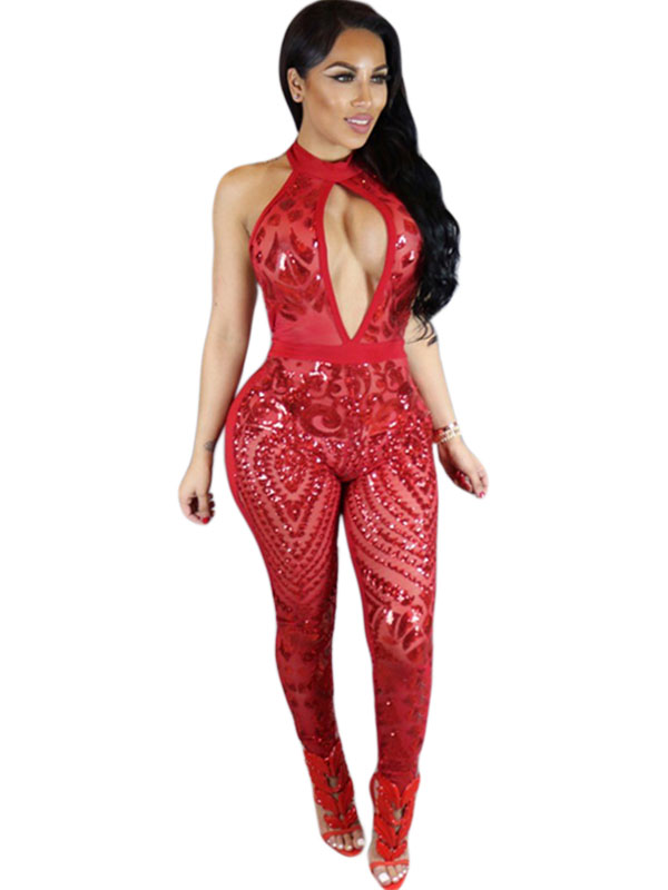 Red Sequins Hollow Out Woman Jumpsuit