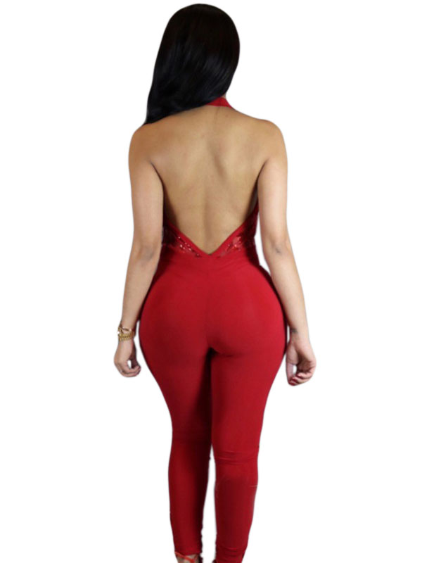Red Sequins Hollow Out Woman Jumpsuit