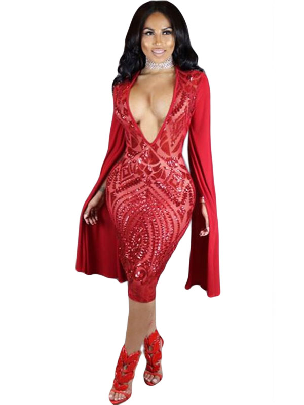 Red Sequins Long Sleeve Woman Evening Dress