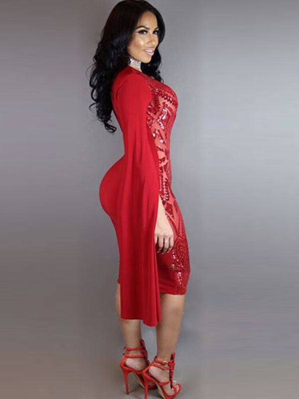 Red Sequins Long Sleeve Woman Evening Dress