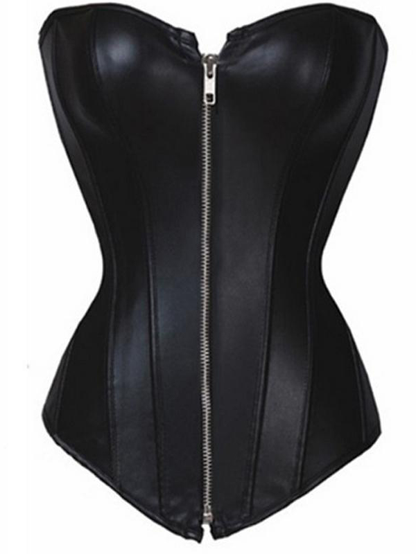 Sexy Black Faux Leather Overbust Corset Zipper S-6XL