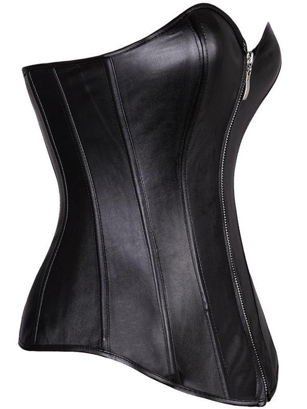 Sexy Black Faux Leather Overbust Corset Zipper S-6XL