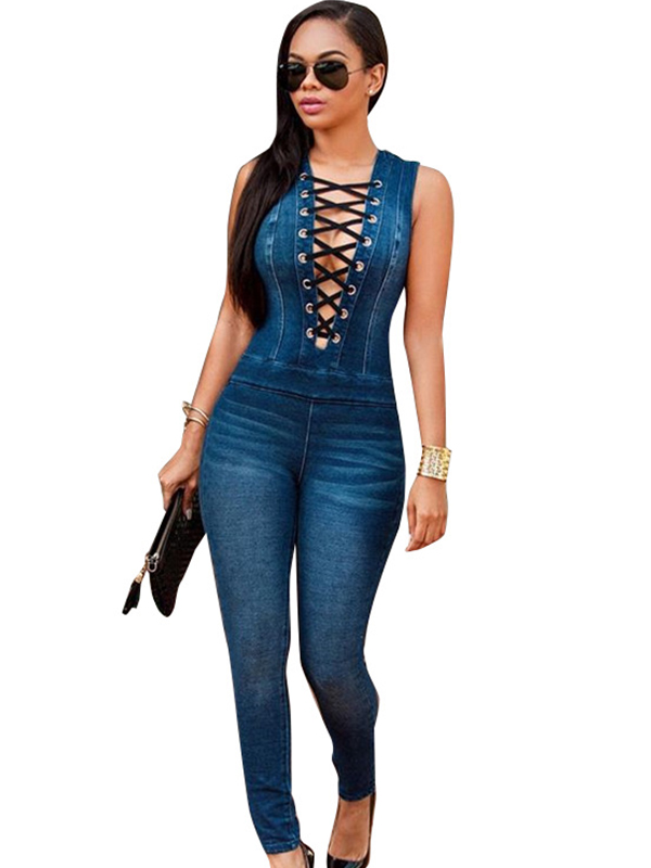 Sexy Sleeveless Jean Long Jumpsuit