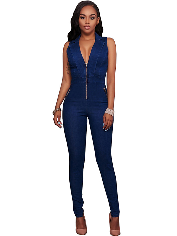 Sexy V-Neck Zipper Jean JUmpsuit