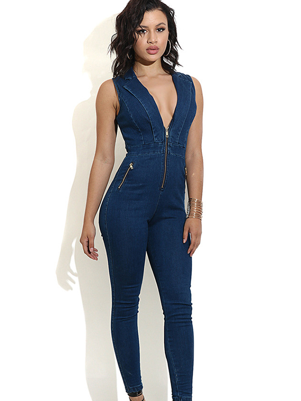 Sexy V-Neck Zipper Jean JUmpsuit