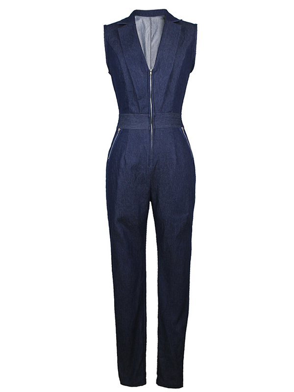 Sexy V-Neck Zipper Jean JUmpsuit