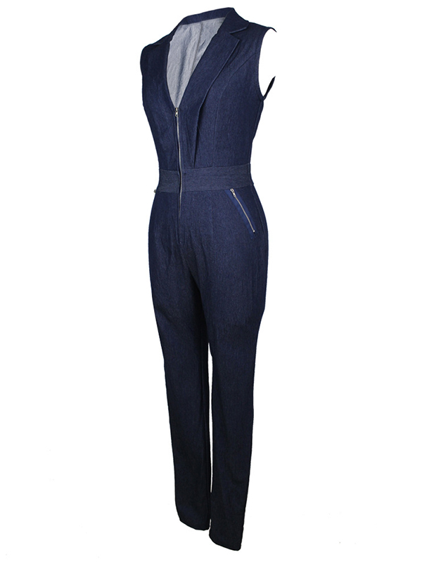 Sexy V-Neck Zipper Jean JUmpsuit