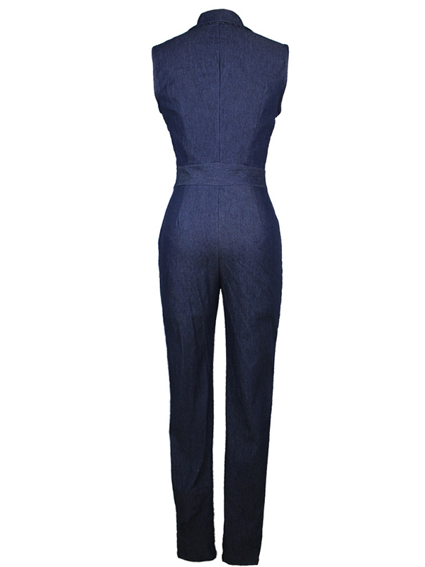 Sexy V-Neck Zipper Jean JUmpsuit