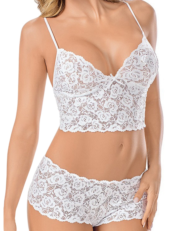 White Woman Sexy High Waist Lace Bra Set