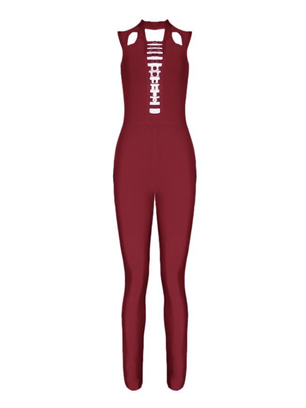 Wine Red Hollow Out Zipper Woman Jumpsuit