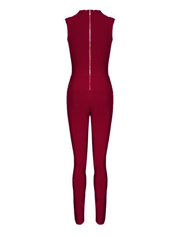 Wine Red Hollow Out Zipper Woman Jumpsuit