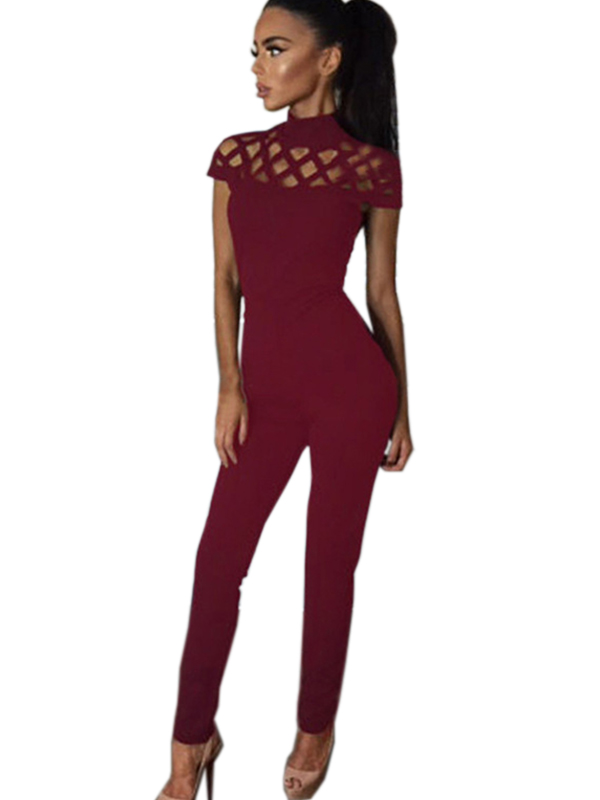 Wine Red Woman Cross Hollow Out Jumpsuit