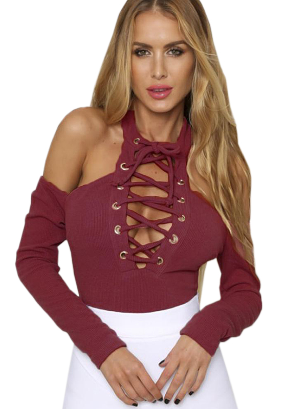 Wine Red Women Hollow Out Shoulder Bodysuit