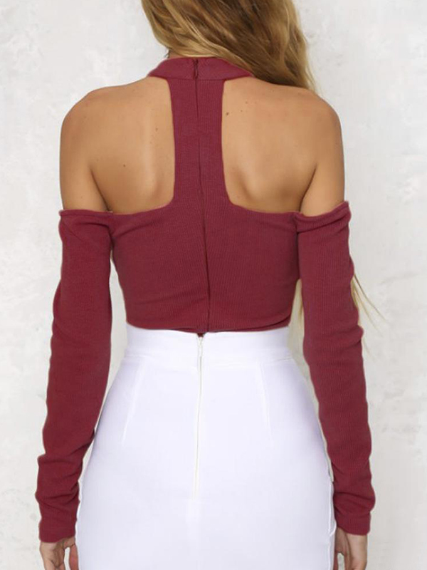 Wine Red Women Hollow Out Shoulder Bodysuit