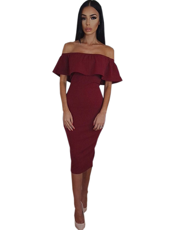 Wine Red Women Off Shoulder Midi Dress