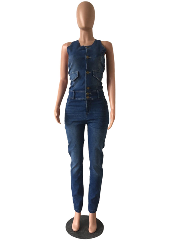 Women Fashion Sleeveless Jean Jumpsuit