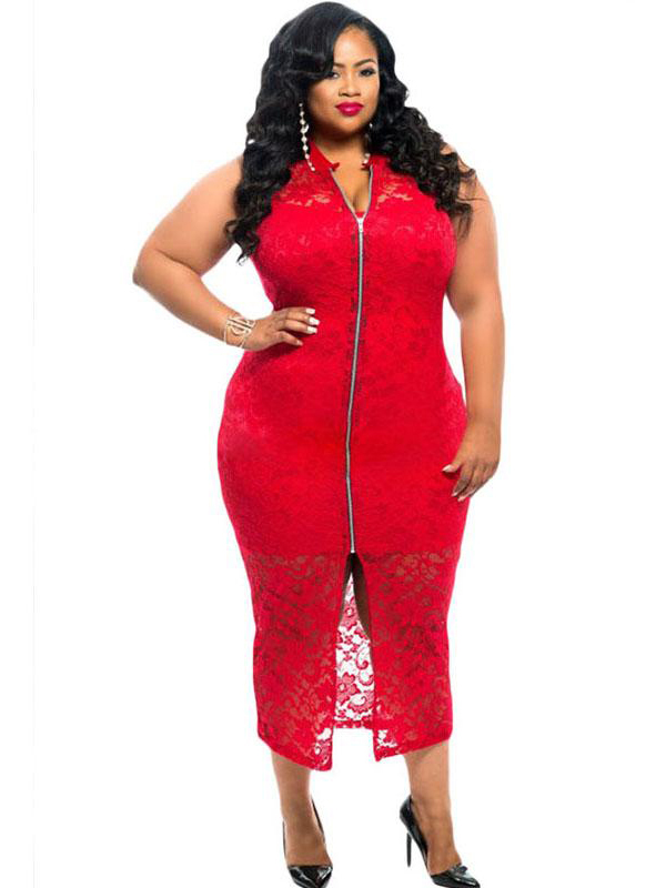 XL-3XL Plus Size Sleeveless Lace Zipper Front Dress in Red_Wonder ...