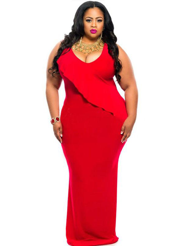 XXL-3XL Red Cascading Ruffle Reversible Tank Maxi Dress
