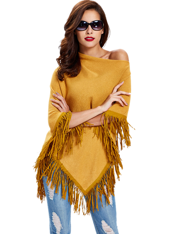 Yellow Off Shoulder Tassels Cloak Blouses