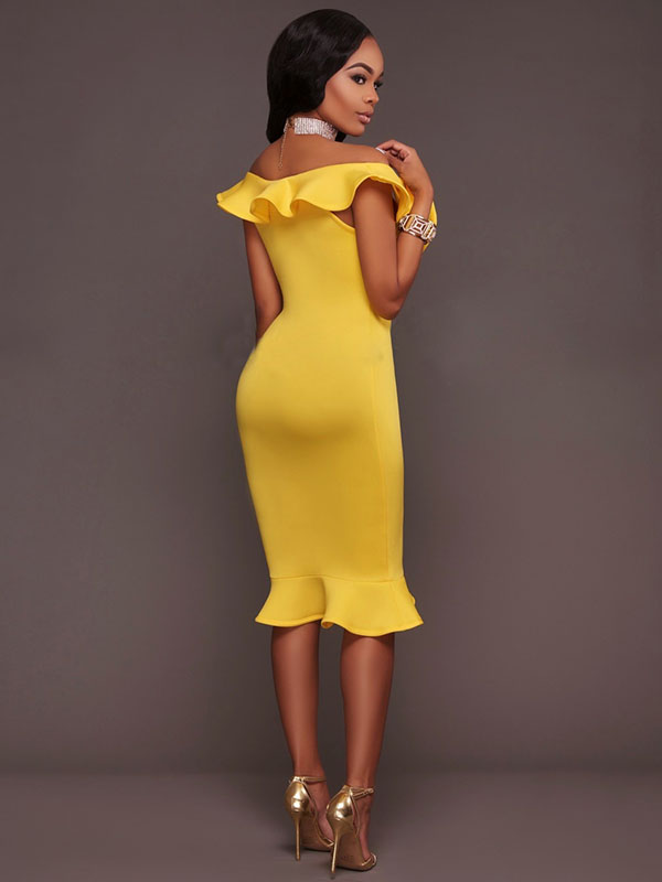 Yellow Woman Sexy Flounces Strapless Midi Dresses