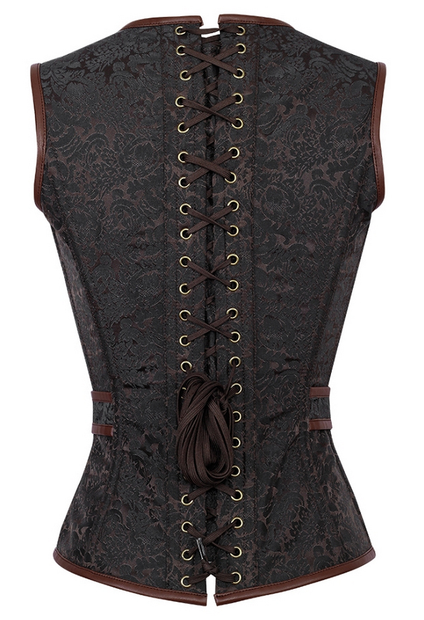 Zipper V Neck Woman Leather Vintage Overbust Corset