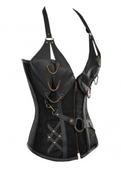 Black Corset With Faux Leather Halterneck