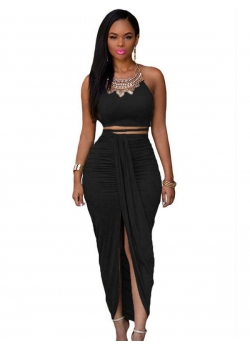Black Cotton Two Piece Maxi Skirt Set