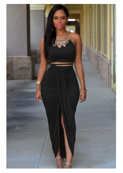 Black Cotton Two Piece Maxi Skirt Set