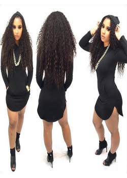 Black Long Sleeve Hooded Collar Dress
