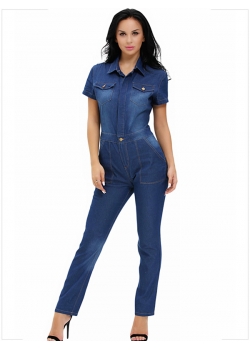 Blue Fashion Short Sleeve Jean Jumpsuit