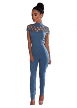 Light Blue Woman Cross Hollow Out Jumpsuit