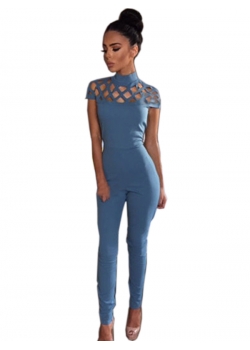 Light Blue Woman Cross Hollow Out Jumpsuit