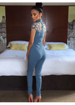 Light Blue Woman Cross Hollow Out Jumpsuit