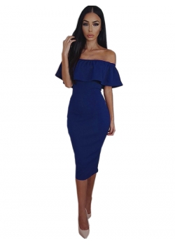 Blue Women Off Shoulder Midi Dress