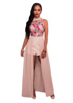 Embroidery Pink Sleeveless Jumpsuit