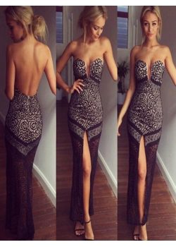 Fashion Lace Sleeveless V-Neck Padded Backless Sexy Party Dress