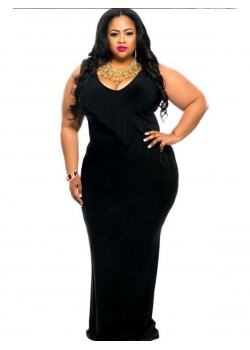 L-3XL Black Cascading Ruffle Reversible Tank Maxi Dress