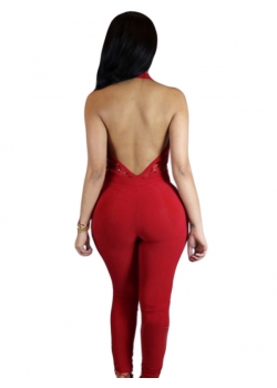 Red Sequins Hollow Out Woman Jumpsuit