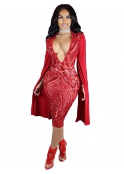 Red Sequins Long Sleeve Woman Evening Dress